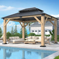 GARTOO 10' x 12' Outdoor Wooden Gazebo - Patio Hardtop Gazebo Permanent Wooden Pavilion with Galvanized Steel Double Roof, Wood Gazebos for Garden, Lawn, Poolside, Backyard Deck