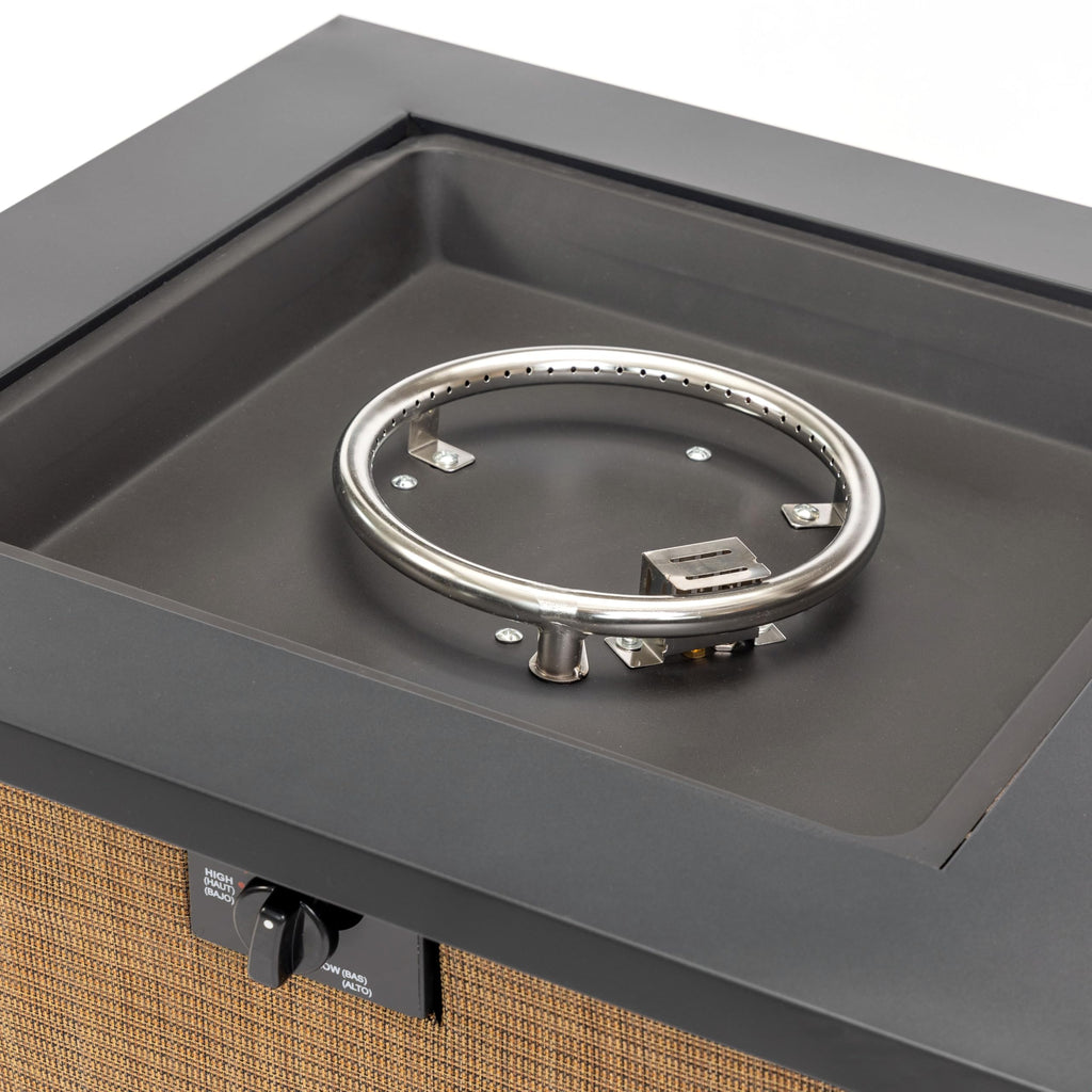 28" Propane Gas Fire Pit Table, 50000 BTU Square Outdoor Fire Pit with Steel Tabletop & Textilene Base, Patio Fire Table with Lid, Lava Rocks & Rain Cover for Backyard Deck Garden, Brown