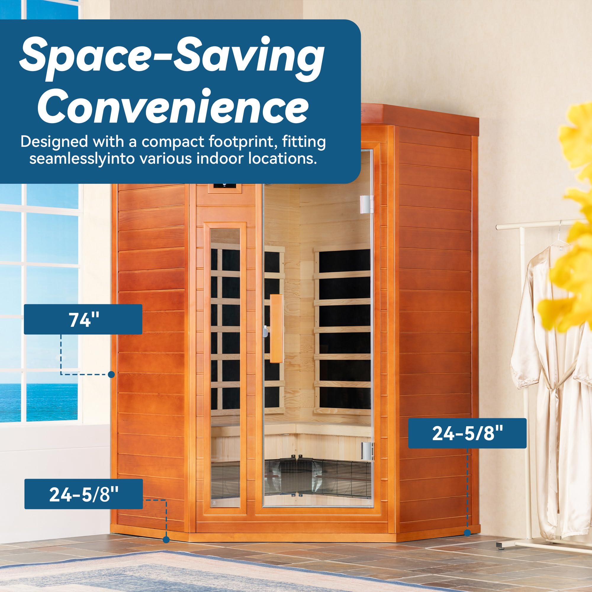 WOODBRIDGE Infrared Sauna Room 2 Person Japanese Cedar Indoor Corner Sauna with 7 Carbon Heaters, Red Light Therapy,Bluetooth Speaker,Intelligent Dual Control System,Tempered Glass,Exterior Brim Light