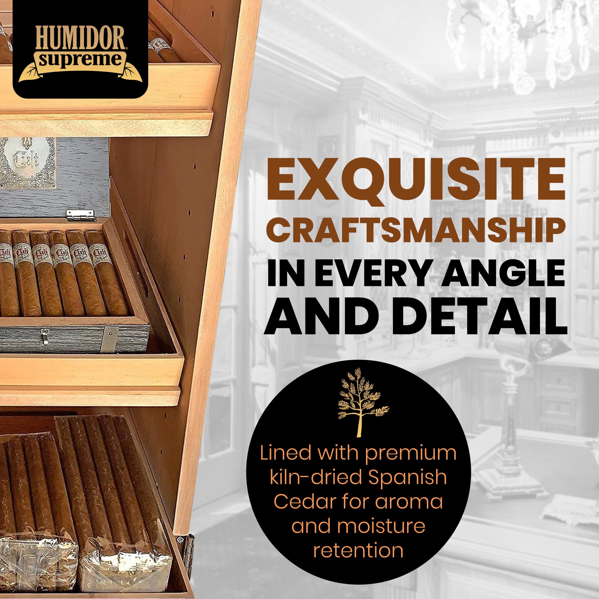 Humidor Supreme Black Tower Humidor with Adjustable Shelves and Drawers | Large Capacity Cigar Cabinet with Tempered Beveled Glass Door, Hygrometer, and Dried Spanish Cedar Lining - Holds 3000 Cigars