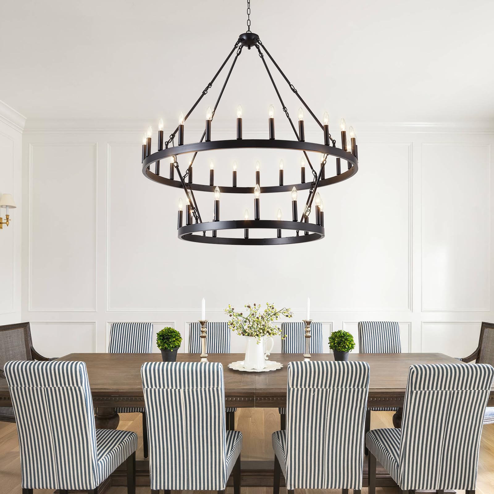 VBKK Black Wagon Wheel Chandelier 2 Tier 36-Light, 48-Inch Large Farmhouse Industrial Chandelier Round Rustic Pendant Light Fixture for High Ceilings Foyer, Entryway, Dining Room, E12