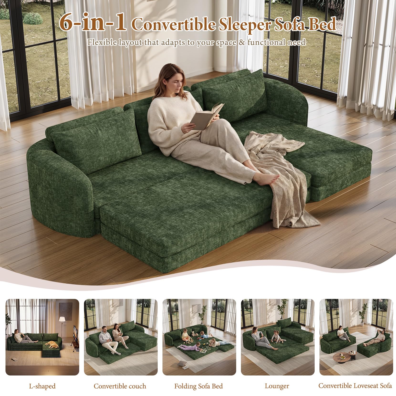 Vesgantti 110.2" Boneless Sectional Couch with Curved Armrest, 6 in 1 Convertible Folding Sleeper Sofa Bed, Chenille Modular Sofa for Living Room, No Assembly Required, Green, Right Facing Chaise