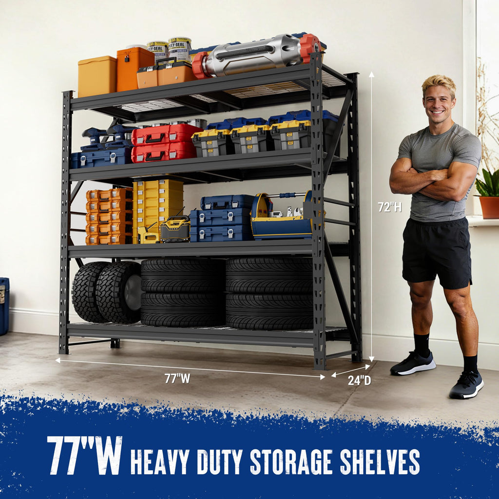WORKPRO 77" Extra-Width Garage Shelving Units, 6400LBS Heavy Duty Utility Shelves, 4 Tier Industrial Adjustable Metal Storage Rack for Warehouse Shop Basement Organizers, 77”W x 24”D x 72”H