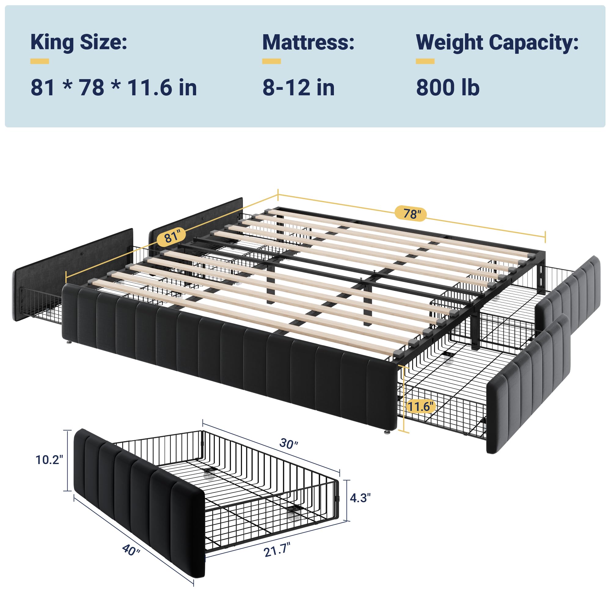 Allewie King Size Platform Bed Frame with 4 Large Storage Drawers, Velvet Vertical Channel Tufted Upholstered Bed Base, Wooden Slats Support, Noise-Free, No Box Spring Needed, Easy Assembly, Black