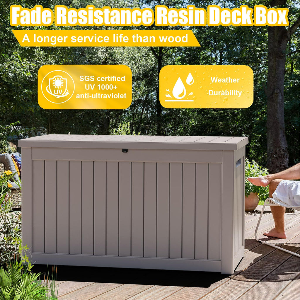PatioZen 280 Gallon Outdoor Deck Box,Waterproof Resin Outdoor Storage Boxes, Outside Storage Lockable Container for Garden Tools,Indooor Cushions,Accessories (Grey)