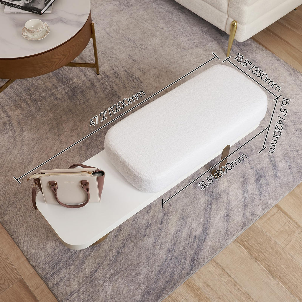 homary 47.2" Modern Entryway Bench, Wooden Boucle Upholstered Bench with Abstract Metal Legs, Lambswool Cushioned Seating for Entryway, Bedroom or Living Room