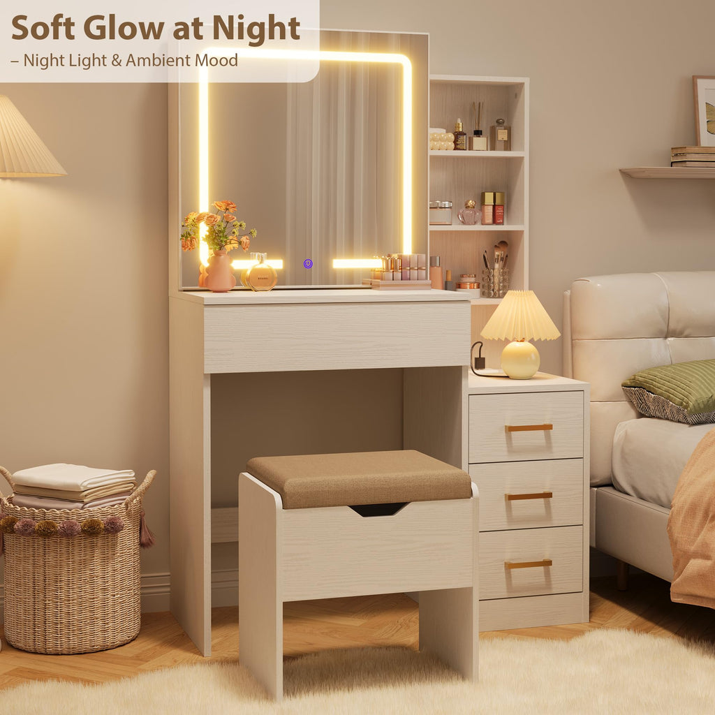 IDEALHOUSE Vanity Desk with Mirror and Lights, Vanity Table and Chair Set with 4 Drawers and Charging Station, Dresser LED Sliding Mirror with 3 Color Modes Adjustable Storage Shelves, White