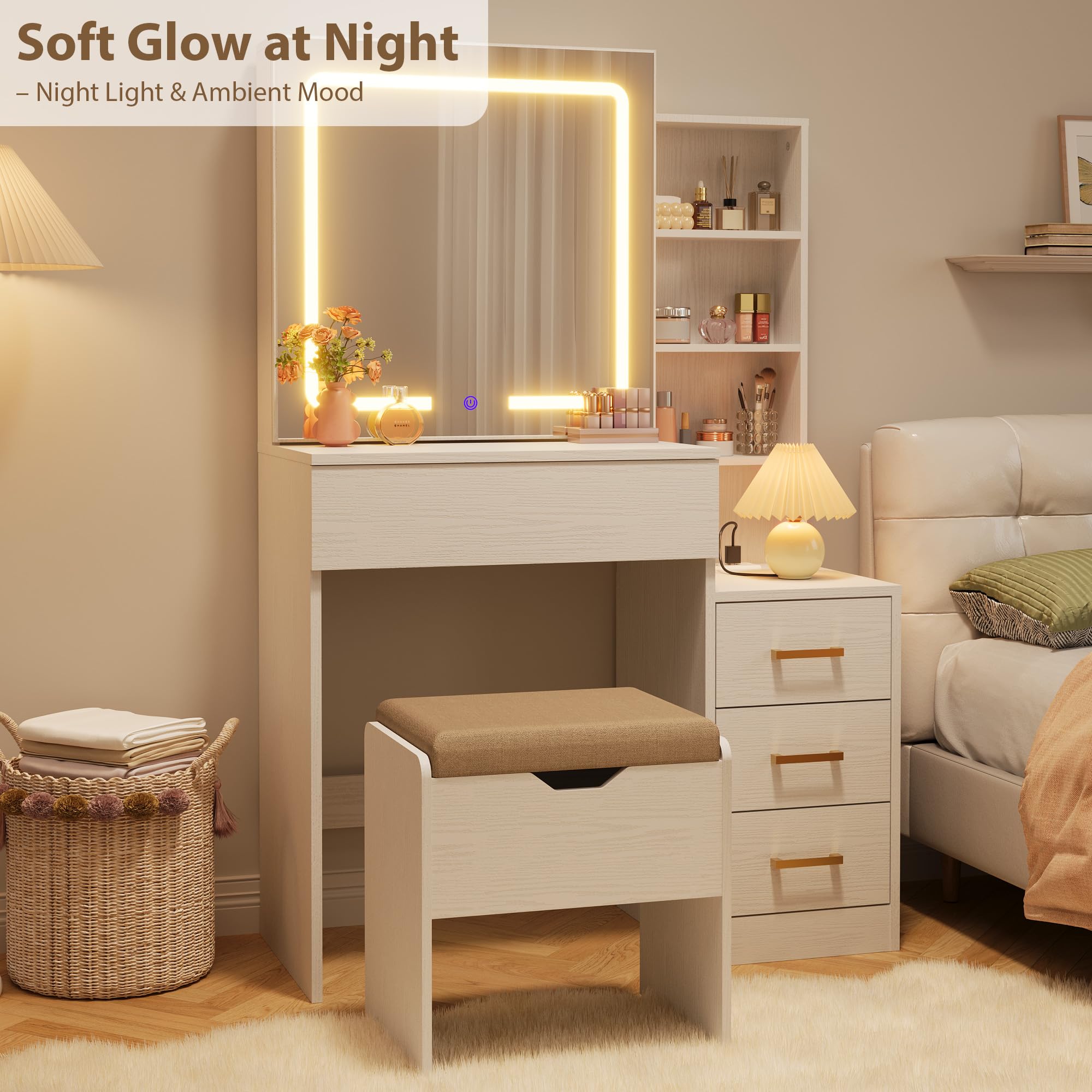 IDEALHOUSE Vanity Desk with Mirror and Lights, Vanity Table and Chair Set with 4 Drawers and Charging Station, Dresser LED Sliding Mirror with 3 Color Modes Adjustable Storage Shelves, White