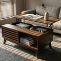 KEIKI Lift Top Coffee Table, Mid-Century Modern Tea Tables with Hidden Storage, Slatted Sliding Door Center Drink Desk w/Lifting Top, Accent Side Cafe Desks for Living Room, Easy Assembly, Walnut