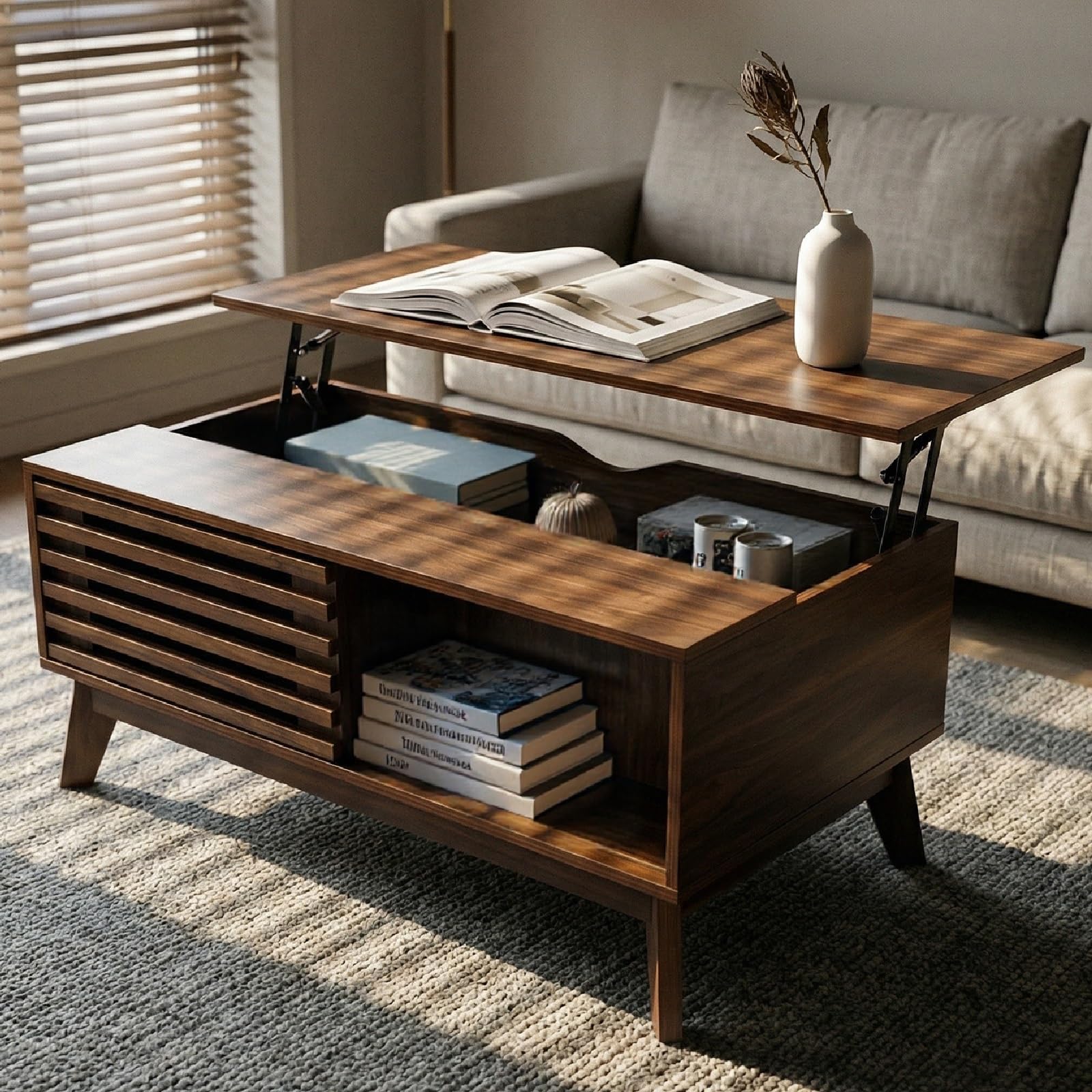 KEIKI Lift Top Coffee Table, Mid-Century Modern Tea Tables with Hidden Storage, Slatted Sliding Door Center Drink Desk w/Lifting Top, Accent Side Cafe Desks for Living Room, Easy Assembly, Walnut