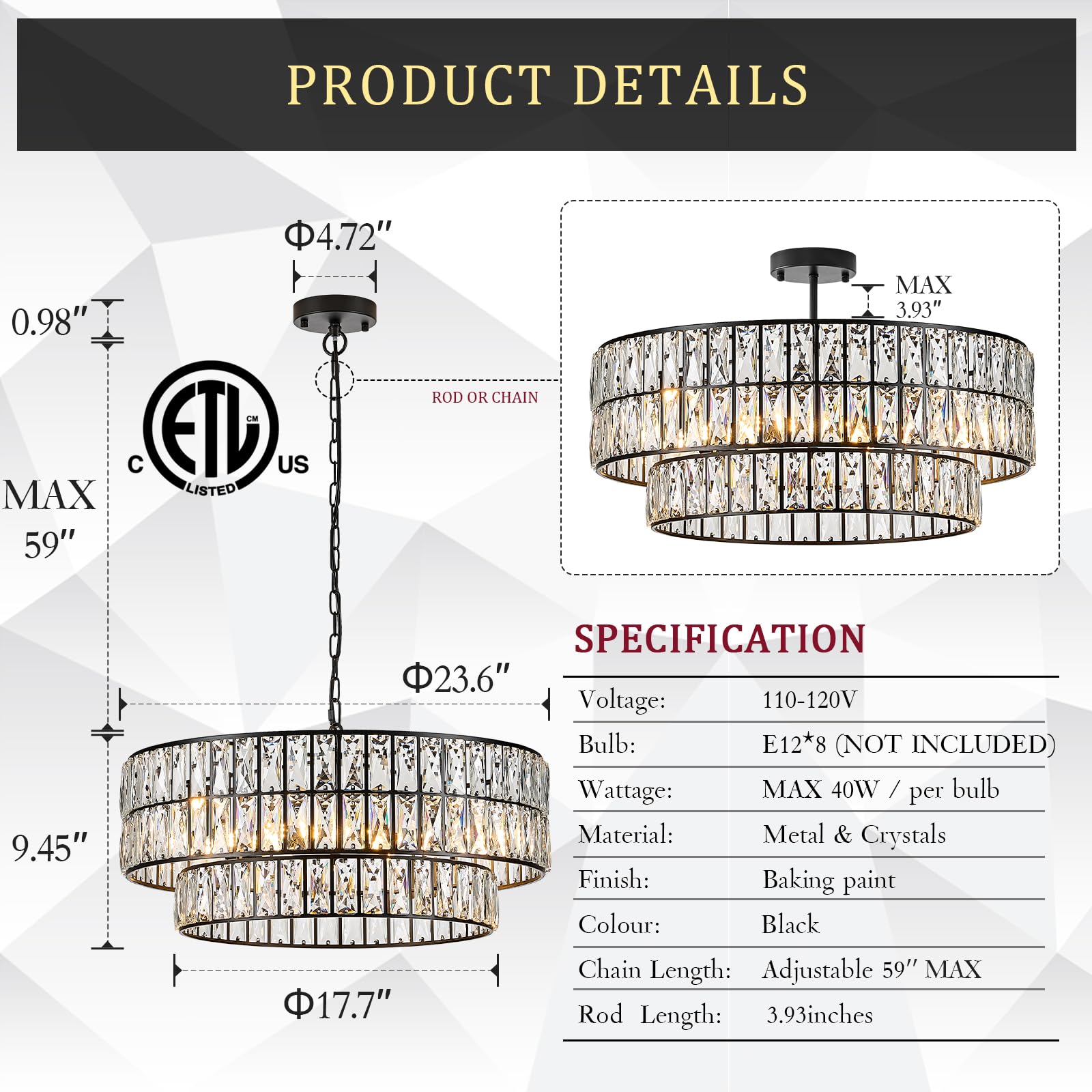 CATINER 24'' Black Crystal Chandeliers Luxury 8-Lights Pendant Chandelier Drum Semi Flush Mount Ceiling Lights for Living Room Dining Room Foyer Bedroom Kitchen