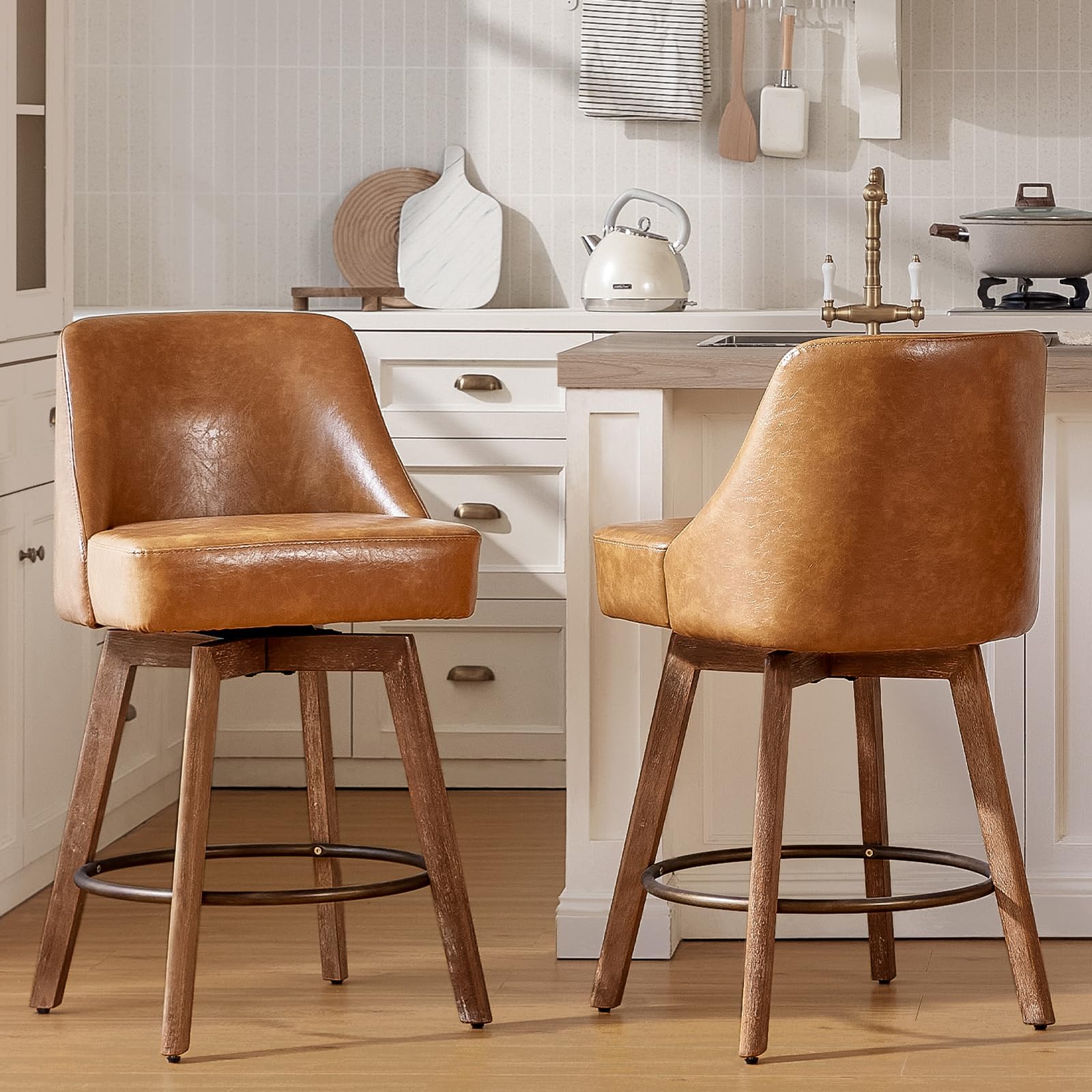 Finekoze Counter Height Bar Stools,Brown-Colored Faux Leather Comfort Fabric Bar Stool Set of 2，360° Swivel Counter Height Stools Solid Wood Legs,27'' Barstools with Contoured Backrest