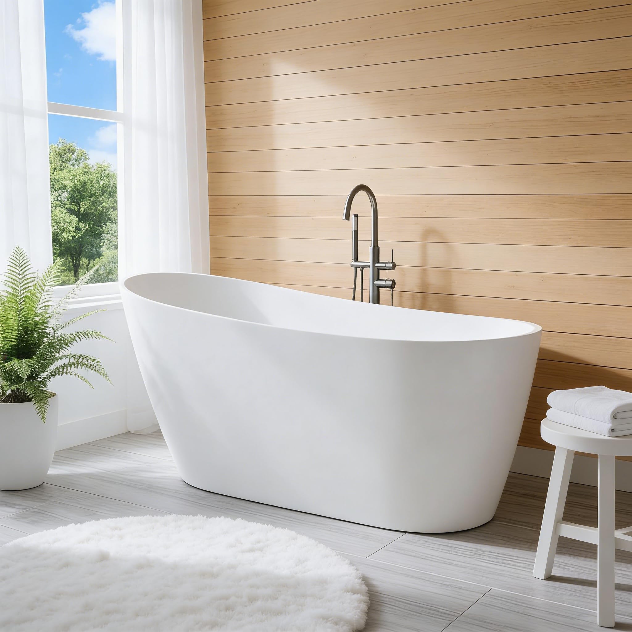 67" Freestanding Bathtub, Black Exterior White Interior Acrylic Stand Alone Soaking Tub, Modern Oval Bath with Ergonomic Design and Chrome Drain for Bathroom Remodel and Home Spa