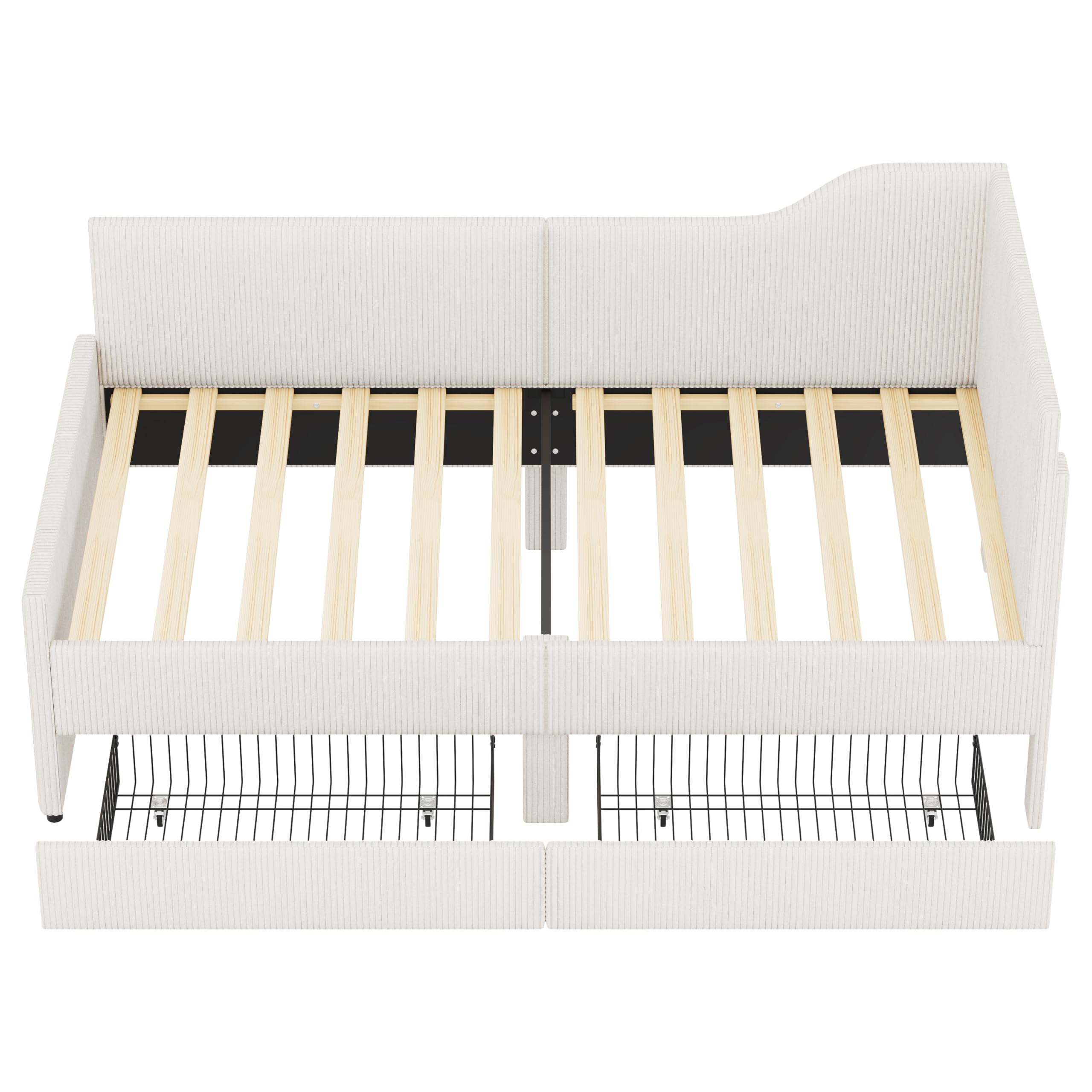GDFStudio Twin Size L Shaped Corduroy Daybed Upholstered Bed Frame with 2 Storage Drawers Wooden Slats Semi Enclosed Design No Box Spring Needed, Beige