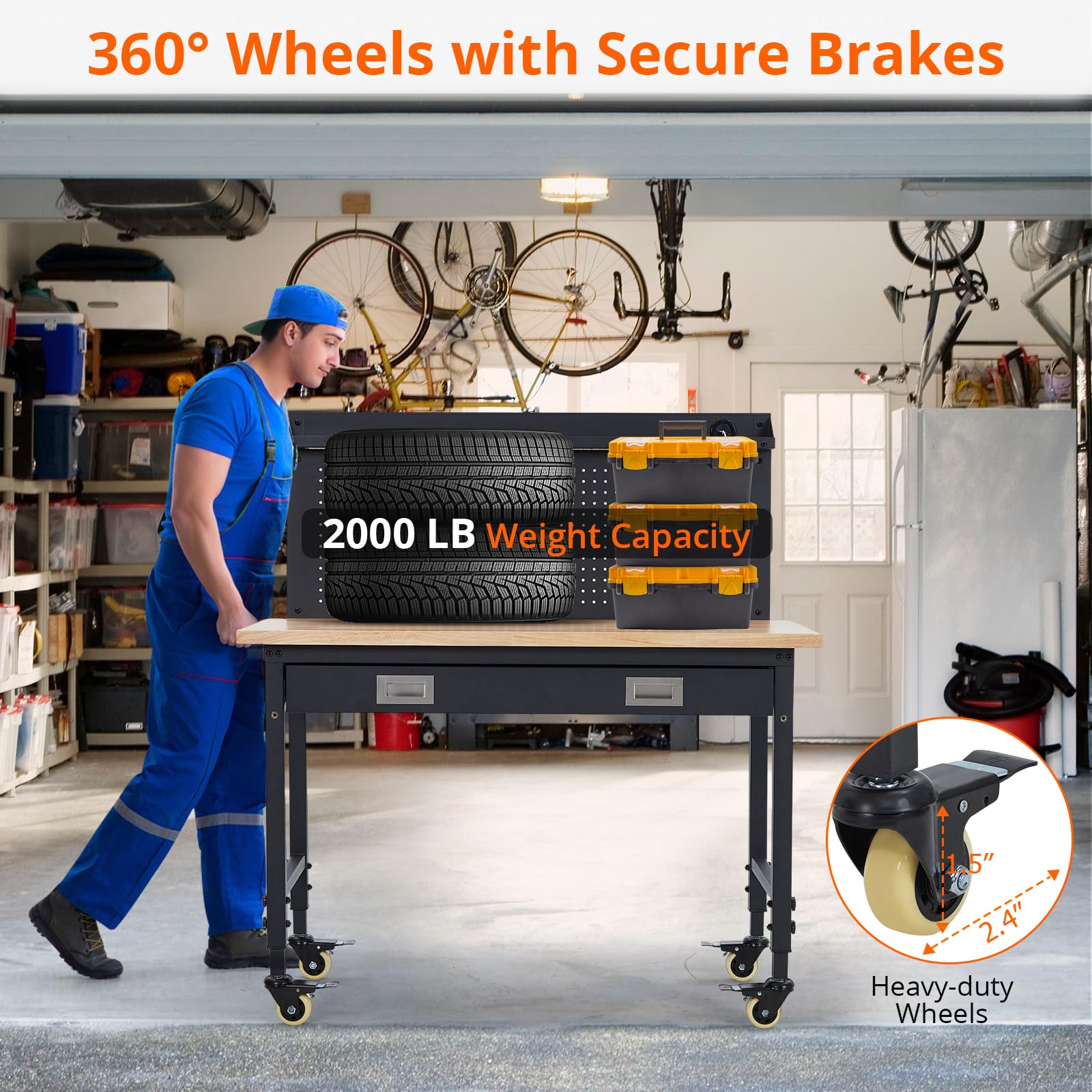 ACONEE 48" Workbench Heavy Duty, Adjustable Height Workstation with Drawer Storage, Backplate, 2000 LB Load Capacity, Multipurpose Rubber Wood Shop Table with Power Outlets, Hooks, Garage Storage