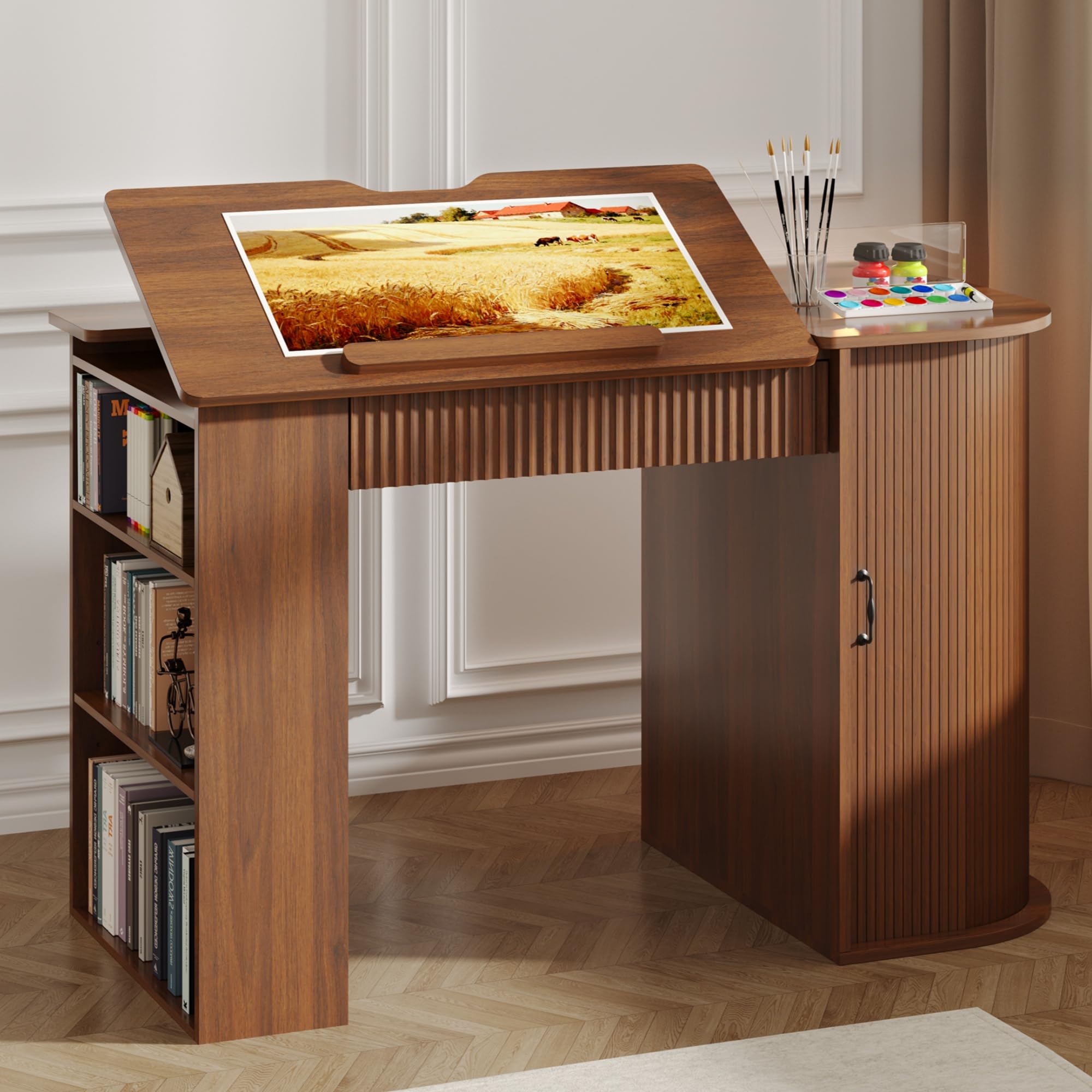 Lurinthal Drafting Table with Storage Cabinet & Drawers, Crafting Table with Open Shelves, Fluted Drawing Desk Computer Desk for Artists, Painters, Drawing, Crafting, Reading, Writing, Working