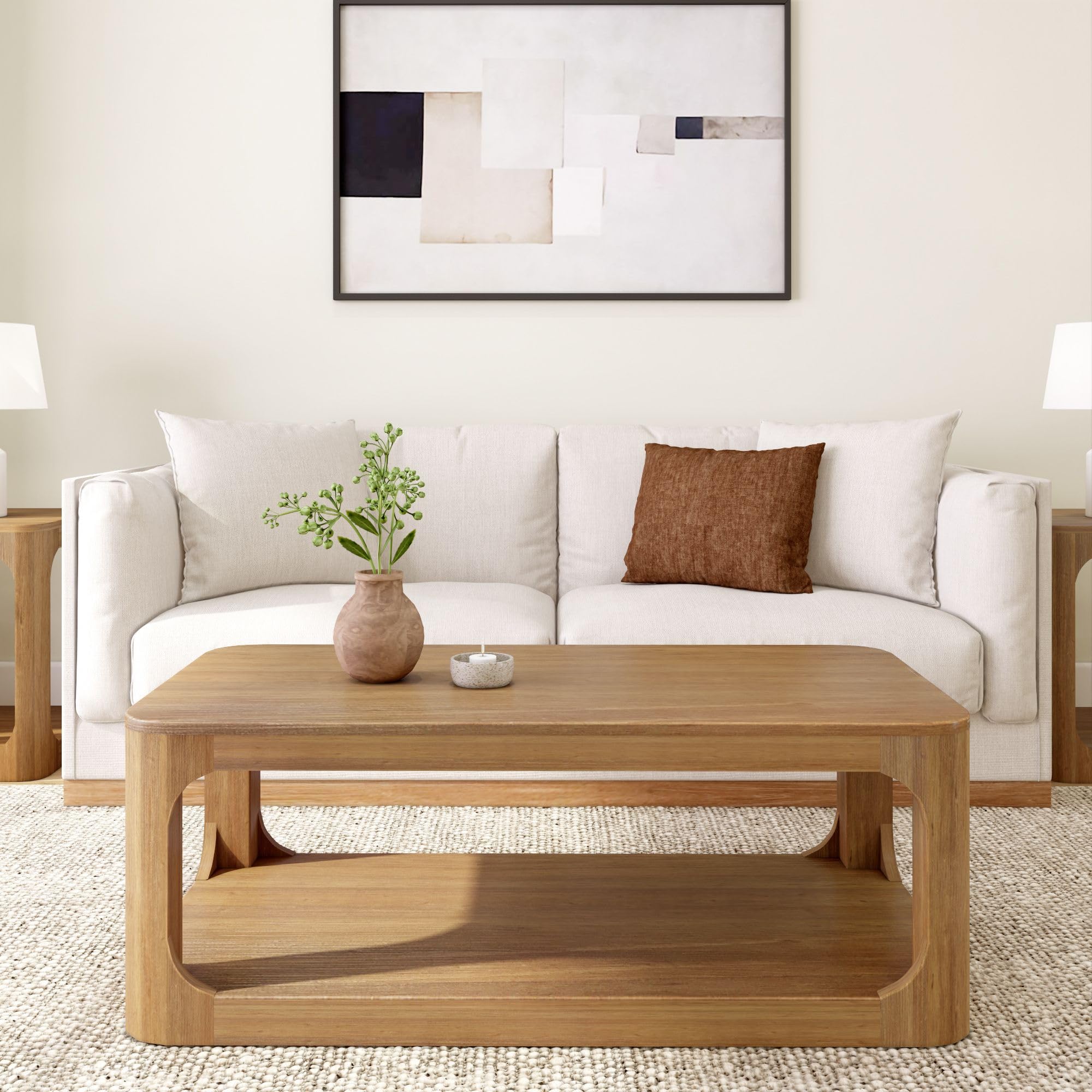 Plank+Beam Forma Coffee Table, Solid Wood 48 Inch Modern Coffee Table with Shelf, Contemporary Center Table with Storage Space, Rectangle Tea Table with Storage, Pecan