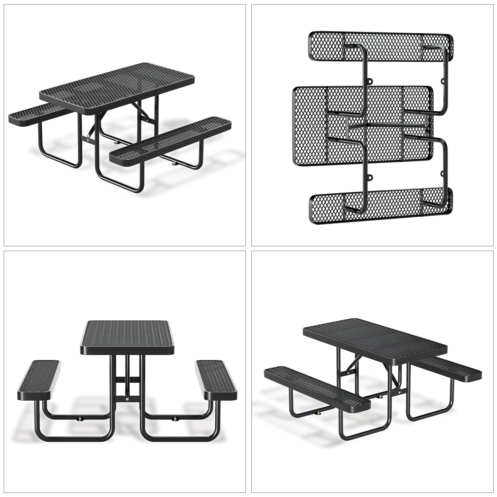 4FT Metal Picnic Tables for Outdoors, Commercial Rectangular Picnic Table and Bench Set for Outside, Patio, Garden, Backyard, Porch, Surface Mount, Black