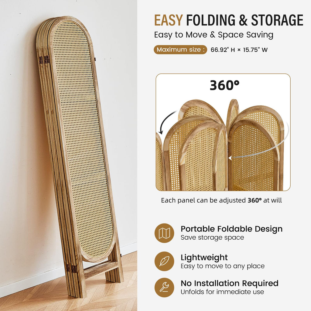 Aletheiawu Arched Rattan Room Divider 5.6 Ft Folding Privacy Screen, 6 Panel Freestanding Room Partition with Double Hinges, Lightweight Paulownia Wood Divider for Bedroom, Restaurant, Office, Natural