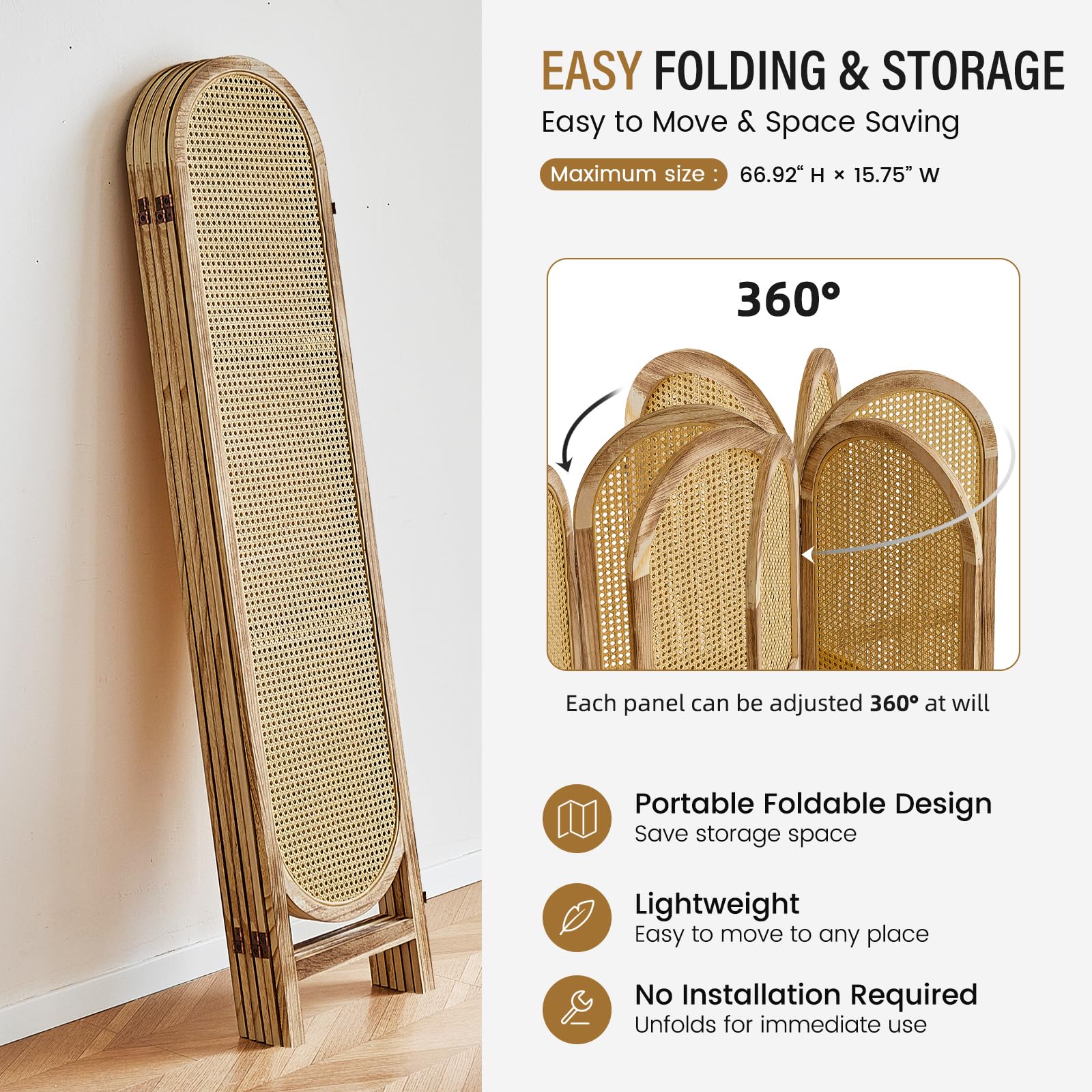 Aletheiawu Arched Rattan Room Divider 5.6 Ft Folding Privacy Screen, 6 Panel Freestanding Room Partition with Double Hinges, Lightweight Paulownia Wood Divider for Bedroom, Restaurant, Office, Natural