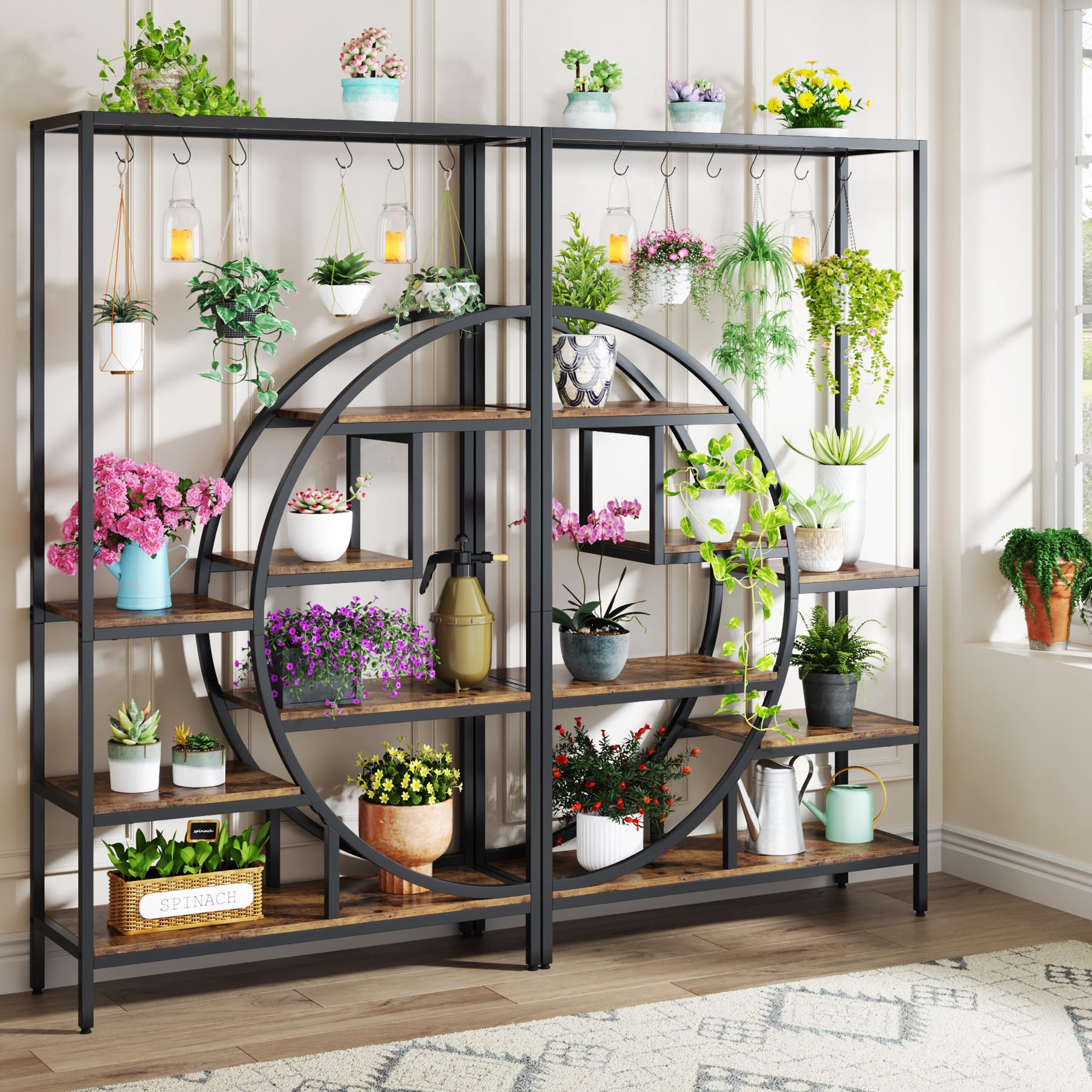 Tribesigns 7 Tier Indoor Plant Stand, 70.9" Tall Half Moon Shaped Plant Shelf with 6PC S Hanging Hooks, Industrial Large Flower Pots Display Rack for Home Garden, Balcony, Patio (Brown-2PC)