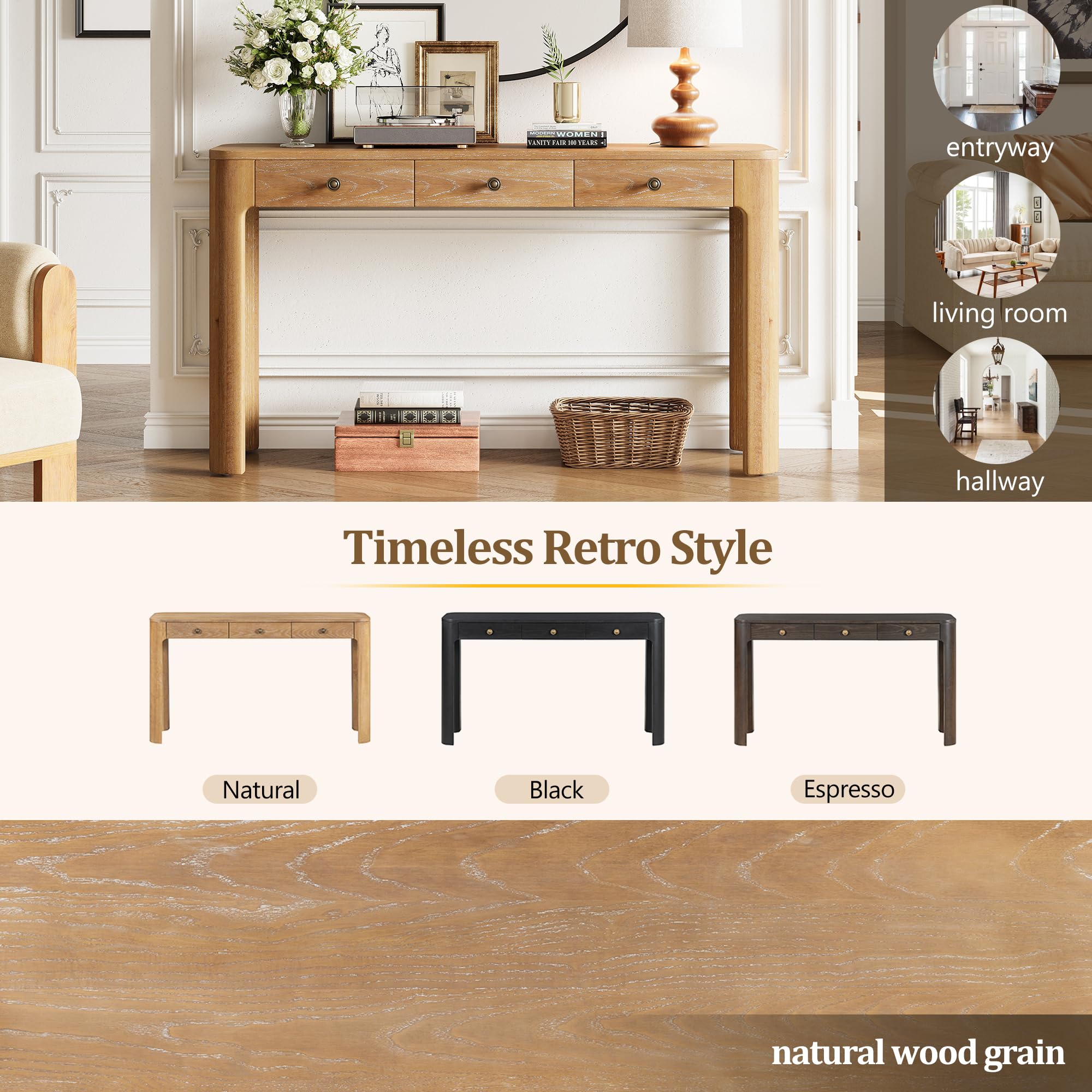 Merax 52" Console Table with 3 Drawers, Rustic Entryway Table with Curved Corners, Narrow Long Sofa Table for Living Room, Hallway, Entrance, Behind Couch, Foyer, Sturdy Thick Legs, Natural