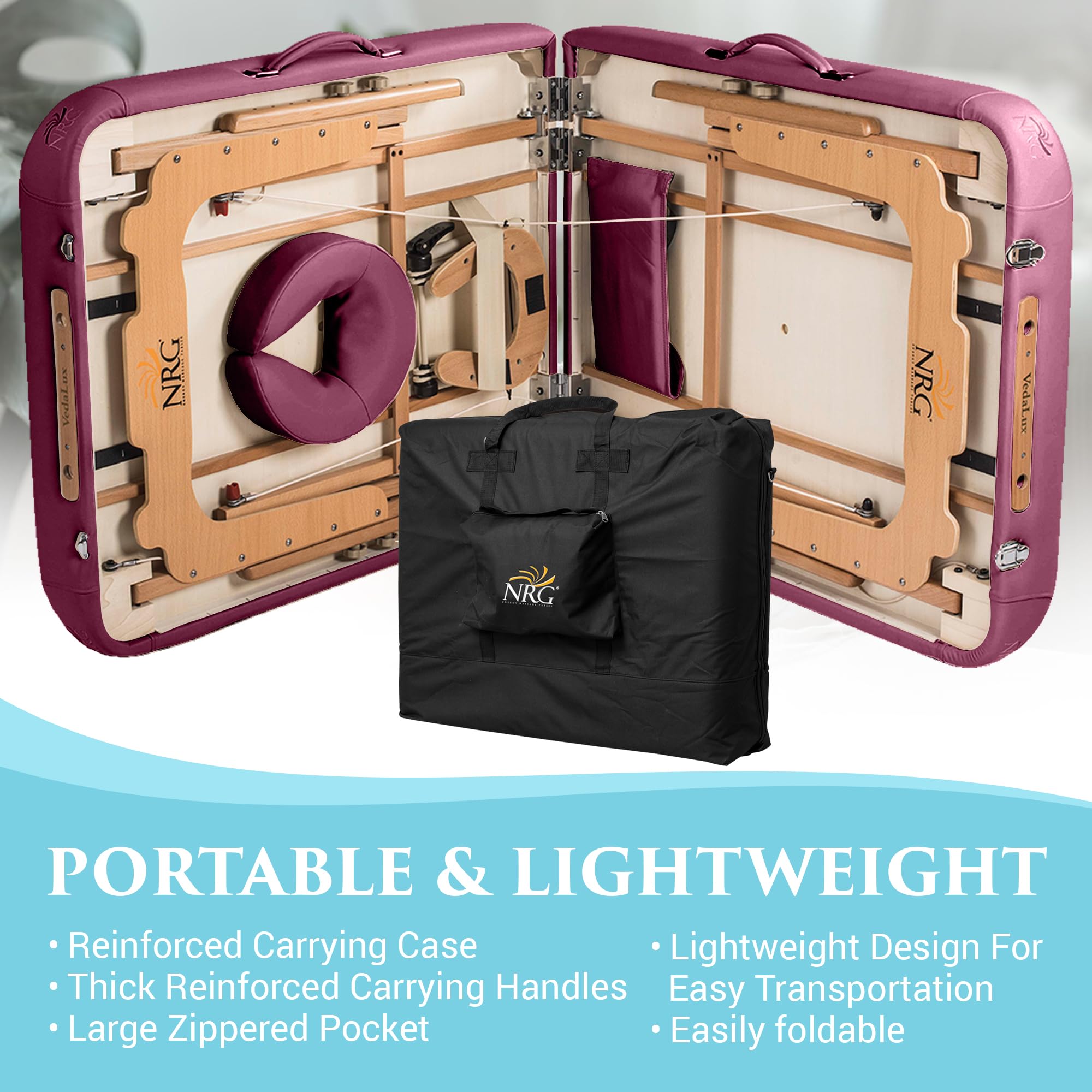 NRG Vedalux Portable Massage Table Package | Burgundy | Folding Lightweight Massage Bed | Professional Spa Table with Face Cradle, Hanging Armrest & Carrying Case