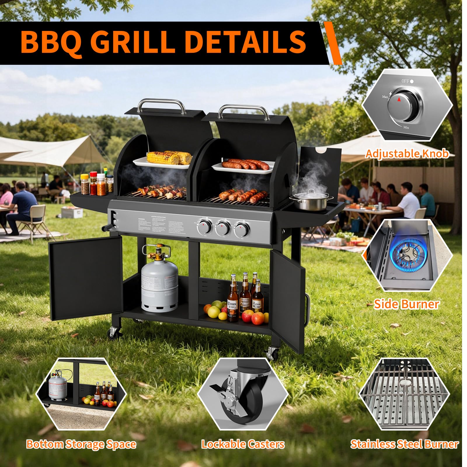 Garvee 3 Burner Propane Gas and Charcoal Grill Combo with Side Burner, Outdoor Dual Fuel Grill with Storage Cabinet for Patio & Party & Kitchen & Backyard Barbecue