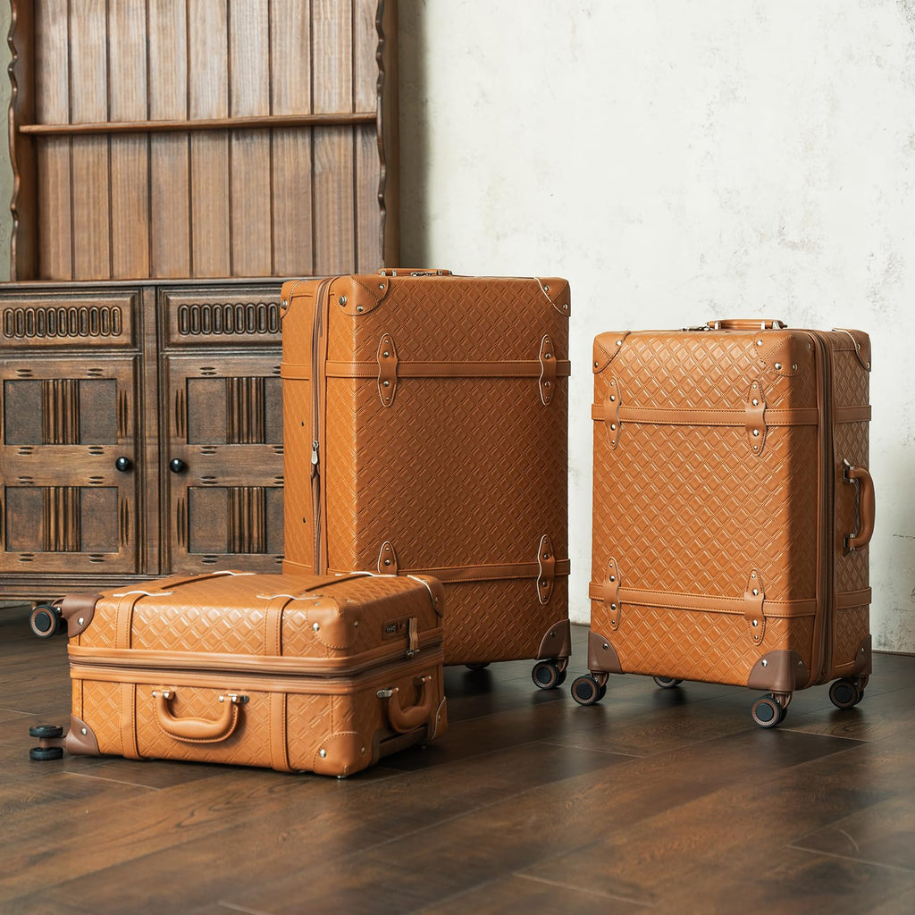 NZBZ Vintage Luggage set Carry on Cute Suitcase with Rolling Spinner Wheels TSA Lock Luggage 3 Pieces (Cognac Brown, 20inch & 24inch & 28inch)