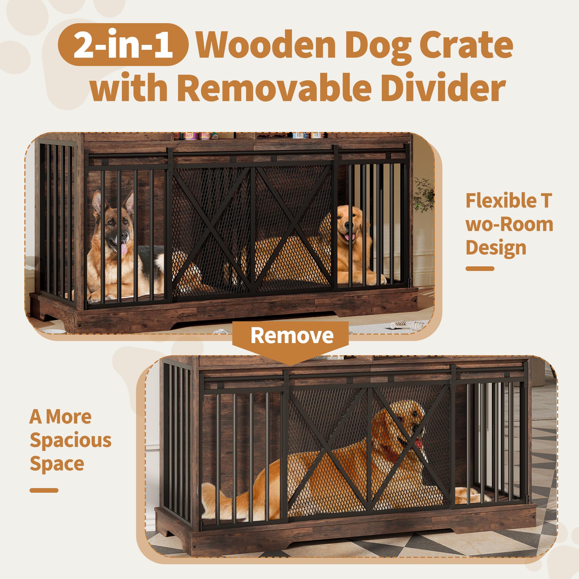 Garvee Double Dog Crate Furniture, 63” Large Dog Kennel Furniture with Divider and Sliding Doors, Heavy Duty Dog Kennel Furniture with Drawers and Shelves for Living Room, Retro Brown