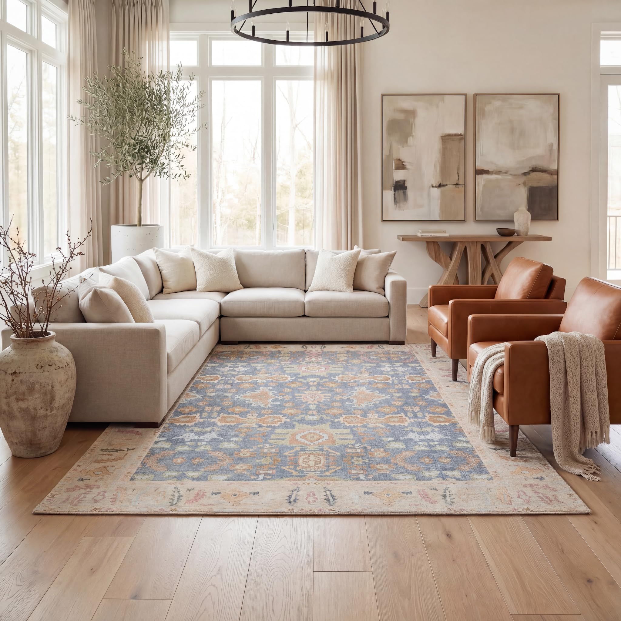 Kuden 10x14 Large Area Rug, Machine Washable Area Rug with Non-Slip Backing, Vintage Style, Soft, Easy Clean, Low Pile Rug for Living Room, Bedroom, Dining Room