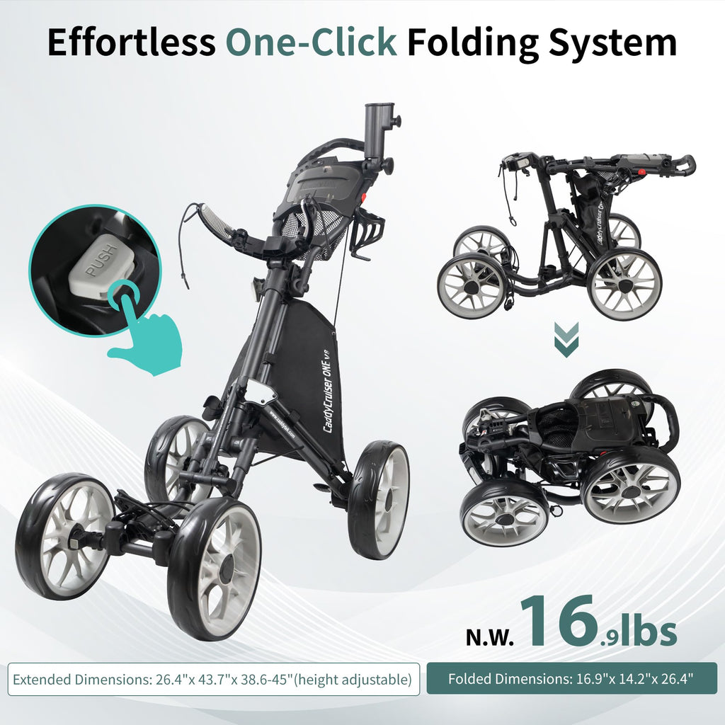 Caddytek CaddyCruiser ONE V8 4 Wheel Golf Push Cart - Lightweight Aluminum Foldable Cart with EVA Wheels, Foot Brake, Adjustable Handle, Cooler Basket, Umbrella Holder, Drink Holder, Scorecard Console