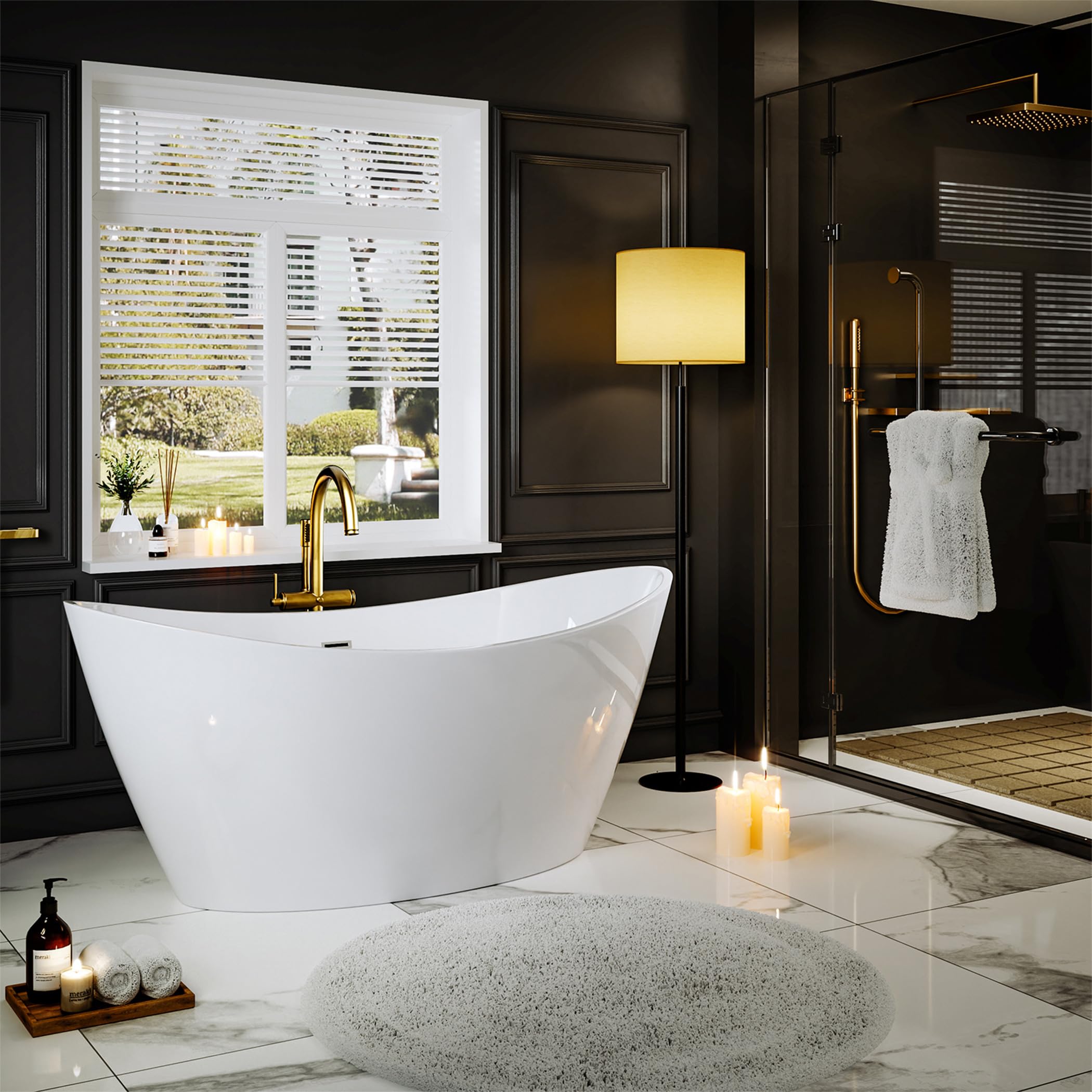Empava Freestanding Bathtub, Acrylic Soaking Tub with Brushed Nickel Drain & Overflow – Modern Standalone Shower Tub, Non-Slip Flat Bottom Design, Glossy White, 59 Inch,cUPC Certified