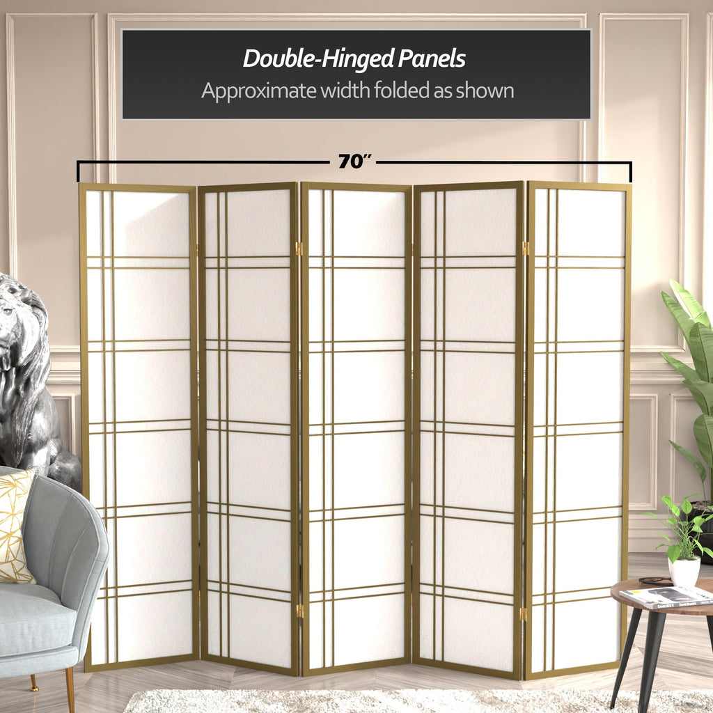 Red Lantern 6 ft. Tall Double Cross Shoji Screen - Gold - 5 Panels