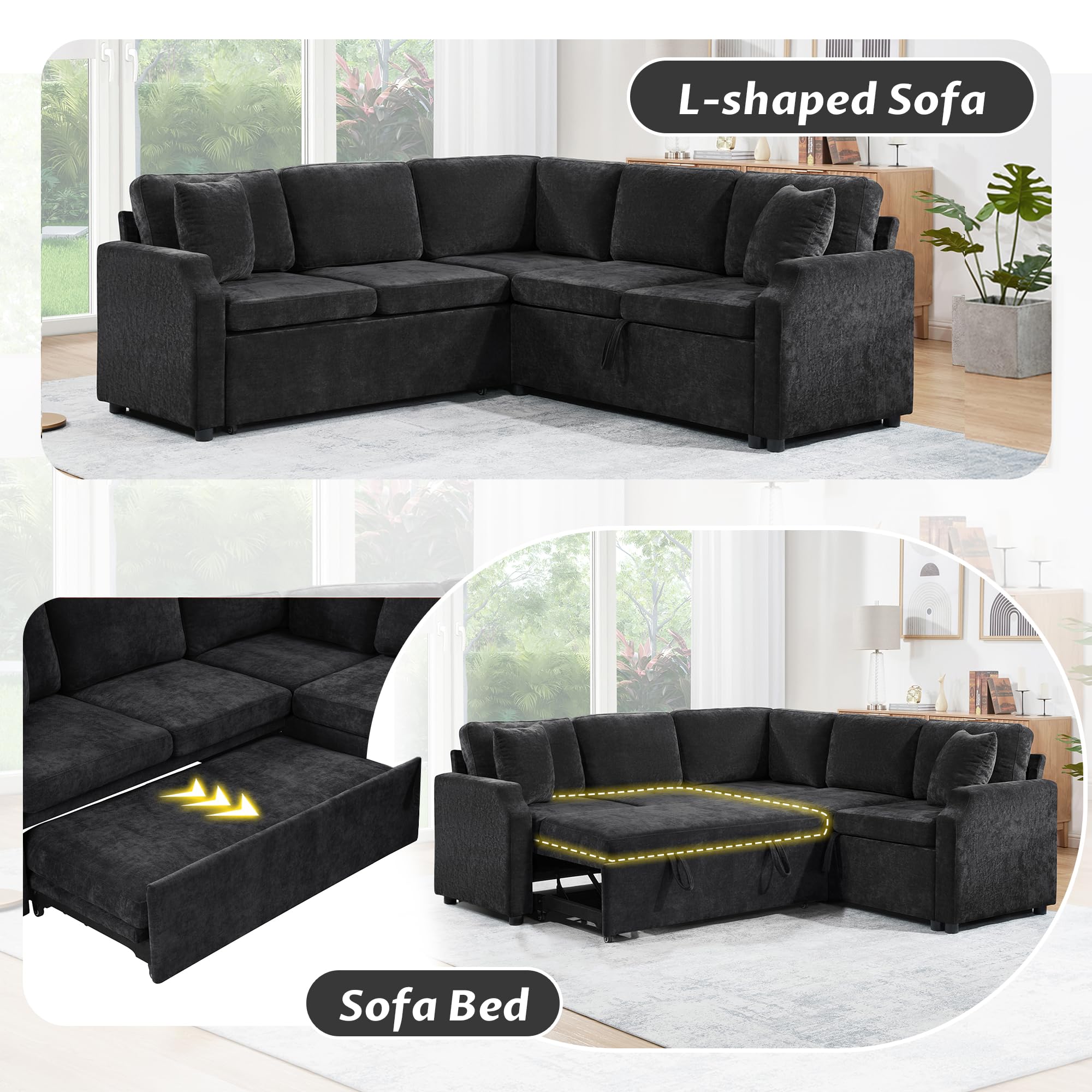 Eafurn 82 INCH Convertible Sleeper Sectional Sofa Pull Out Couch Bed for Living Room - Chenille Upholstered Symmetrical L Shaped Corner Sectional Couch W/Storage and Throw Pillows