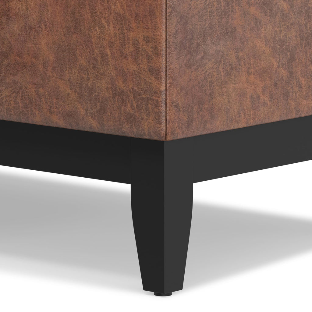 SIMPLIHOME Oregon Storage Ottoman Bench with Tray - 42 inch Wide Vegan Leather Rectangle Storage Ottoman Bench in Distressed Saddle Brown, Transitional Tufted Ottoman for Living Room with Lift-Up Lid