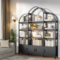kepptory Tall Arched Bookshelf and Bookcase with 3 Cabinets, Triple Wide 5 Tier Industrial Etagere Open Bookshelf, Wood Book Shelf for Bedroom Living Room (Dark Black)