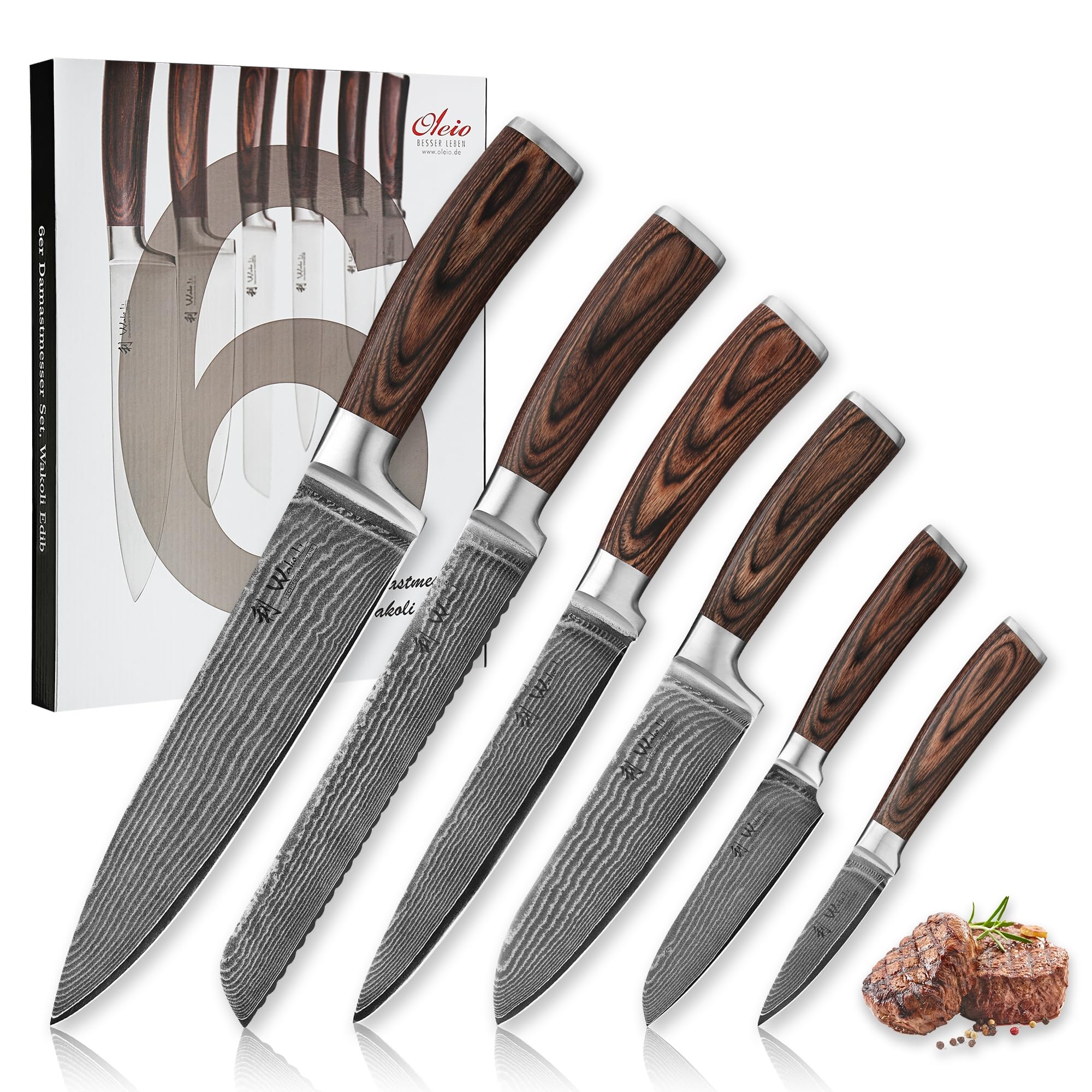 Wakoli EDIB 6-Piece Damascus Knife Set – Professional Chef Knives Set with VG10 Core Blades, 67-Layer Damascus Steel and Ergonomic Pakkawood Handles – Premium Kitchen Knives in Elegant Gift Box