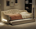 Merax Twin Size Linen Corner Daybed with Trundle and LED Belt, Upholstered Headboard Captain Bed Frames for Small Room, Bedroom, Guest Room, Kids' Room, White
