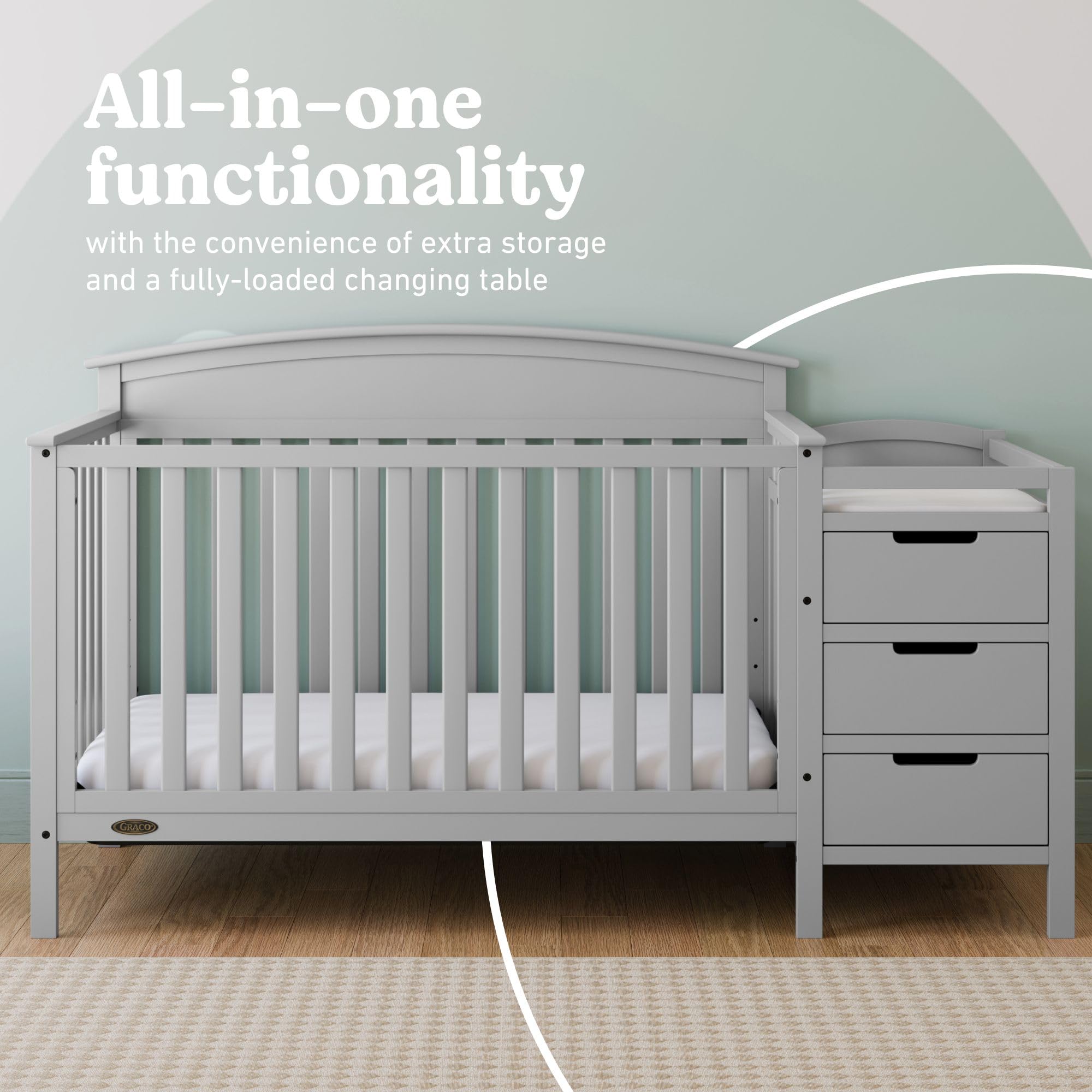 Graco Benton 4-in-1 Convertible Crib and Changer – GREENGUARD Gold Certified, Crib & Changing-Table Combo, Water-Resistant Changing Pad, Converts to Toddler Bed, Daybed and Full-Size Bed (Pebble Gray)