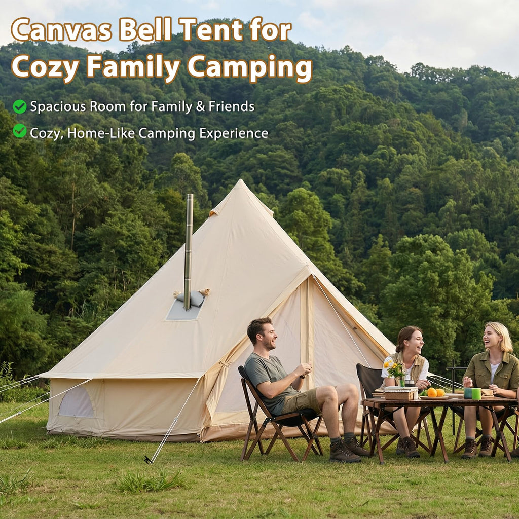 Canvas Bell Tent for Camping, 4-Season Yurt Tent with Stove Jack, All Year Living Glamping Tent for 4–6 Person, Sturdy Shelter for Family Camping & Backyard (13.1ft/4m)