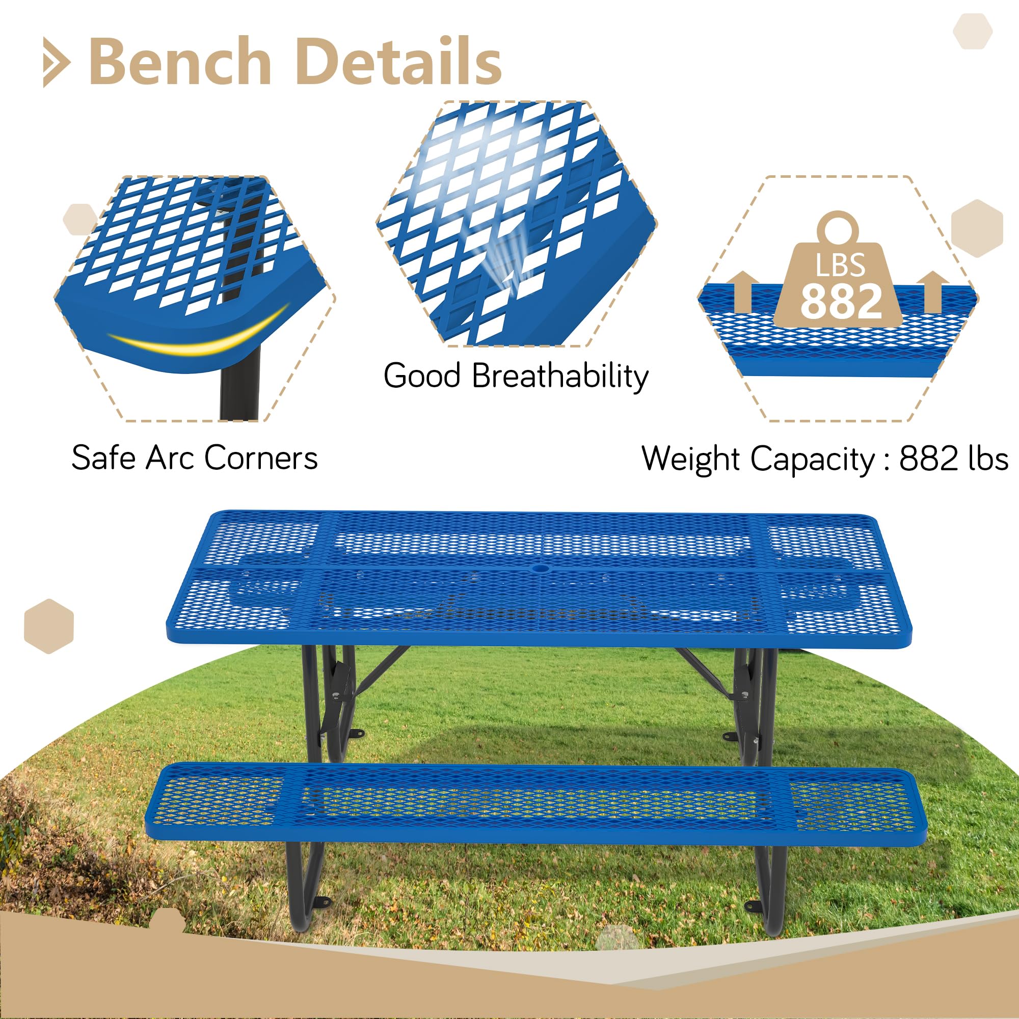 Dvasovio 72'' Rectangular Metal Picnic Table with 1.73" Umbrella Hole, Heavy Duty Steel Mesh Table Set, Weather Resistant Sturdy Outdoor Furniture, for Patio, Garden, Courtyard & BBQ, Blue