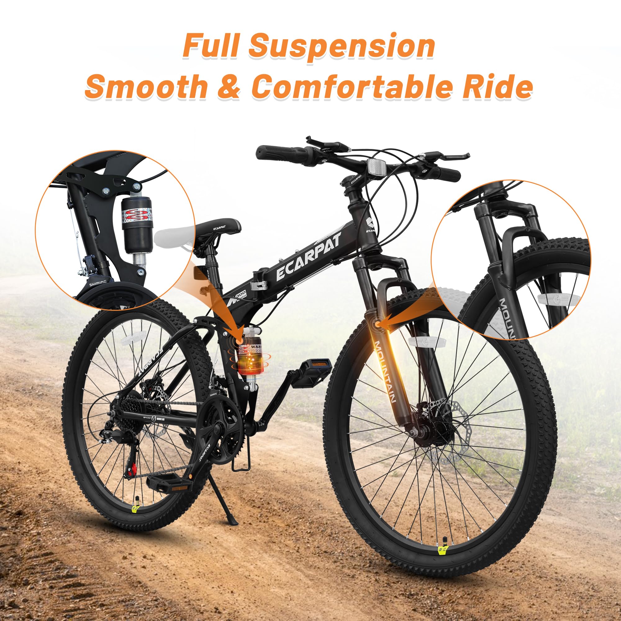 Ecarpat 26 Inch Folding Mountain Bike, 21 Speed Full Suspension High-Carbon Steel MTB, Dual Disc Brake Foldable Bicycle, Folding Bikes for Adults Men Women