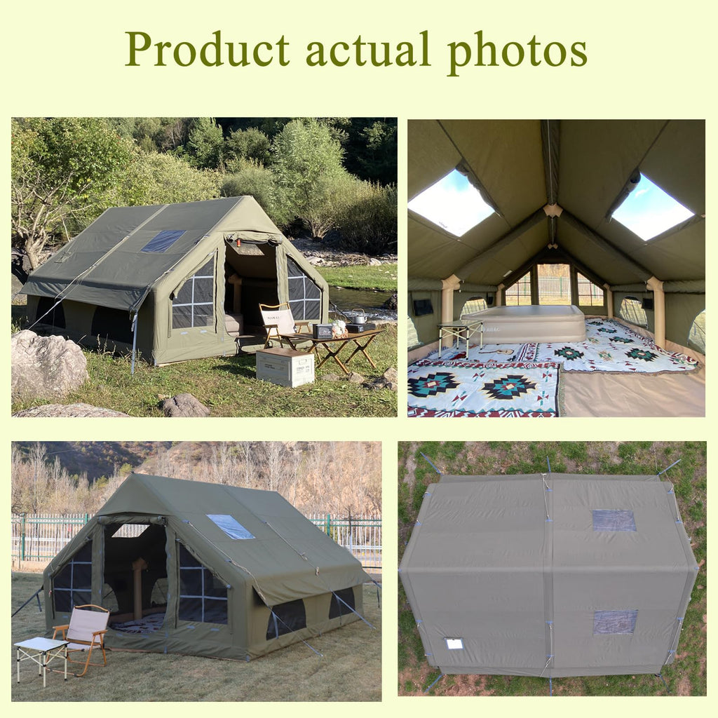 Large Luxury Inflatable Camping Tent, Technology Cotton Canvas Tent for 4-6-8-10-12 People | Breathable and Waterproof Tent with Skylight and Stove Jack, Suitable for Family Camping of 12 ㎡