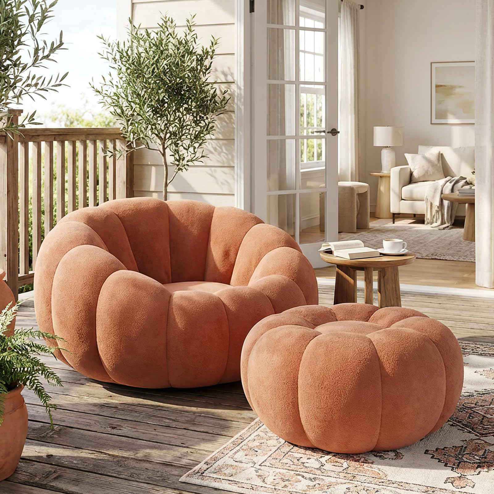 Premium Cloud Velvet Bean Bag Chair Set | 43.3" Ergonomic Pumpkin Lounger & Ottoman for Adults, Thick High-Resilience Foam, No Assembly, Compact for Living Room & Bedroom
