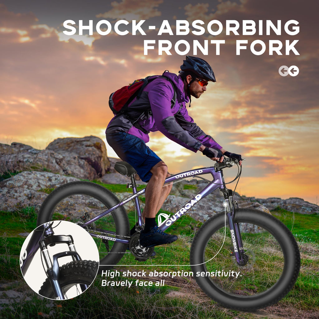 Outroad Mountain Bike Fat Tire with 4-Inch Tire 26 inch Wheels, 21 Speed with High Carbon Steel Frame, Double Disc Brake and Front Suspension Anti-Slip Bikes, Purple