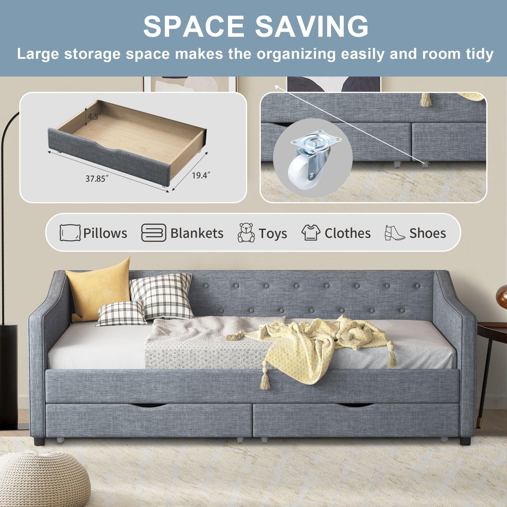Ball & Cast Twin Size Daybed with Two Drawers and Linen Upholstered,Wood Bed Frame w/Button Tufted Back and Waved Shape Arms,Slats Support,for Apartment,Bedroom,Light Grey