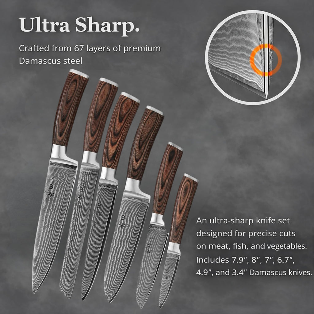 Wakoli EDIB 6-Piece Damascus Knife Set – Professional Chef Knives Set with VG10 Core Blades, 67-Layer Damascus Steel and Ergonomic Pakkawood Handles – Premium Kitchen Knives in Elegant Gift Box