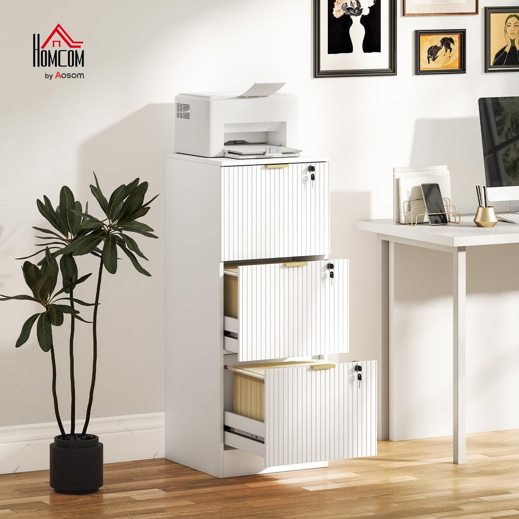 HOMCOM 3 Drawer File Cabinet, Fluted Vertical Filing Cabinet with Lock and Adjustable Hanging Rails for A4 Letter Size Files, Printer Stand with Storage, White