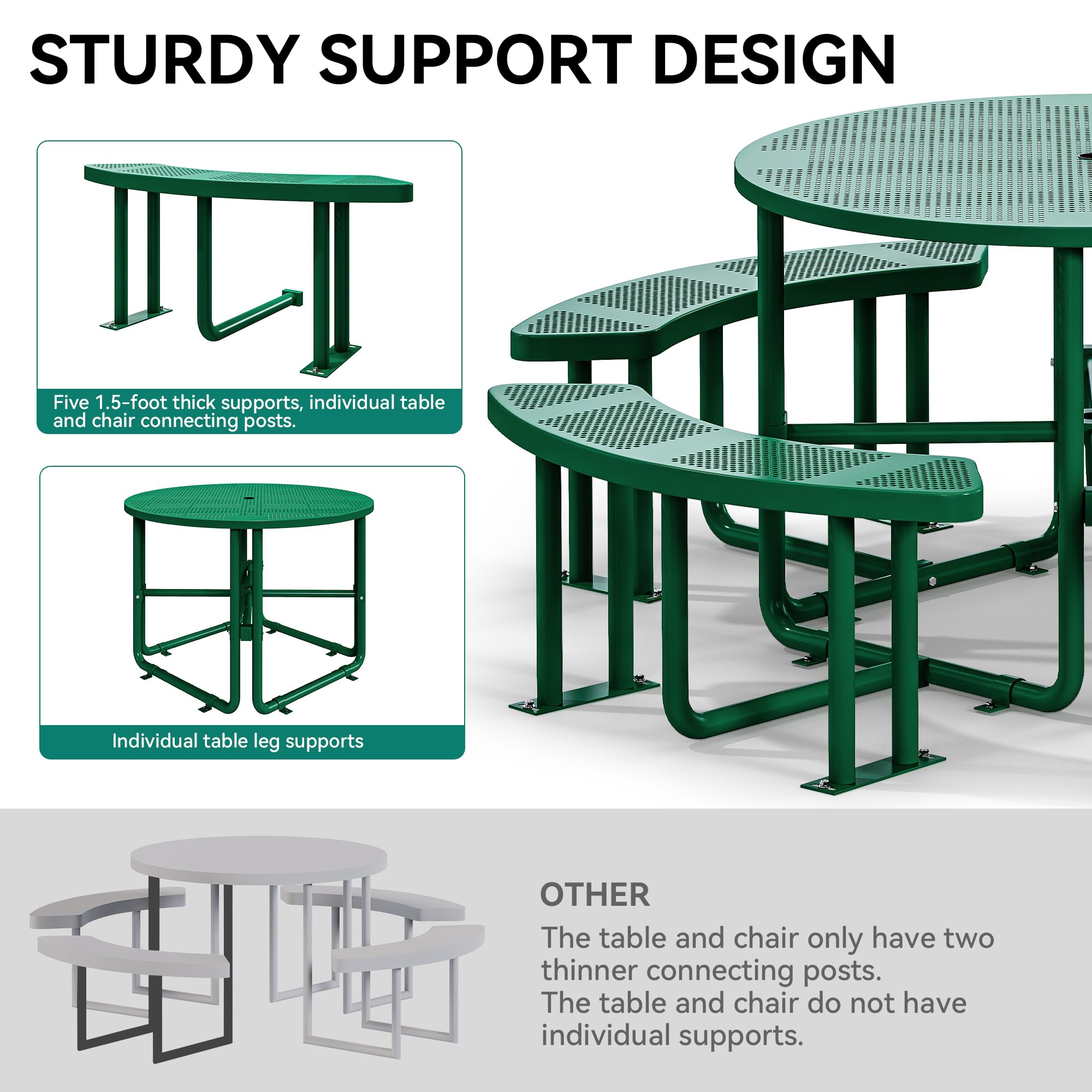 YITAHOME Coated Steel Picnic Table, 46" Heavy Duty Outdoor Picnic Table w/Sturdy Steel Frame & Umbrella Hole for Yard Patio Lawn Party, Round, Green